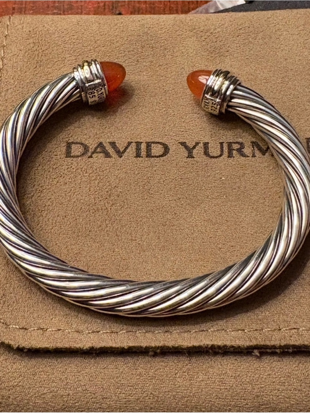 David Yurman Sterling Cable Cuff with Orange Stone Terminals